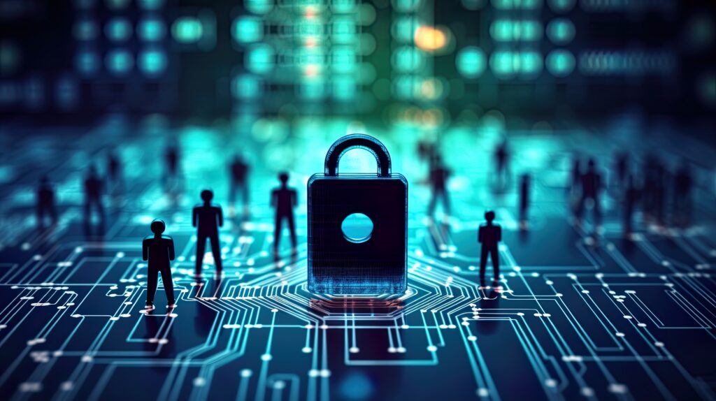 kleine Figuren stehen um ein Schloss herum, welches für IT-Sicherheit steht