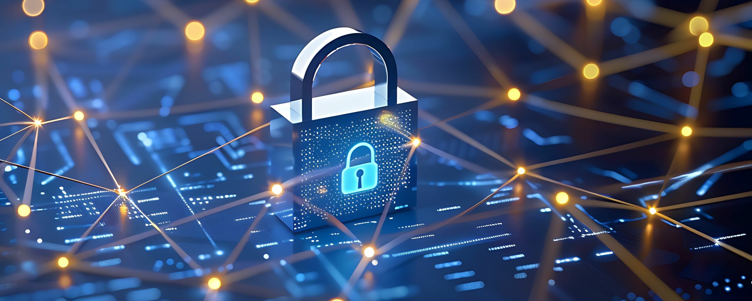 Glowing network icon and digital padlock on blue background, data protection for business security technology,