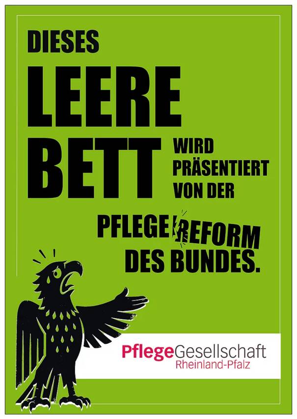 Flyer für die Aktion „Das leere Pflegebett“ der PflegeGesellschaft Rheinland-Pfalz